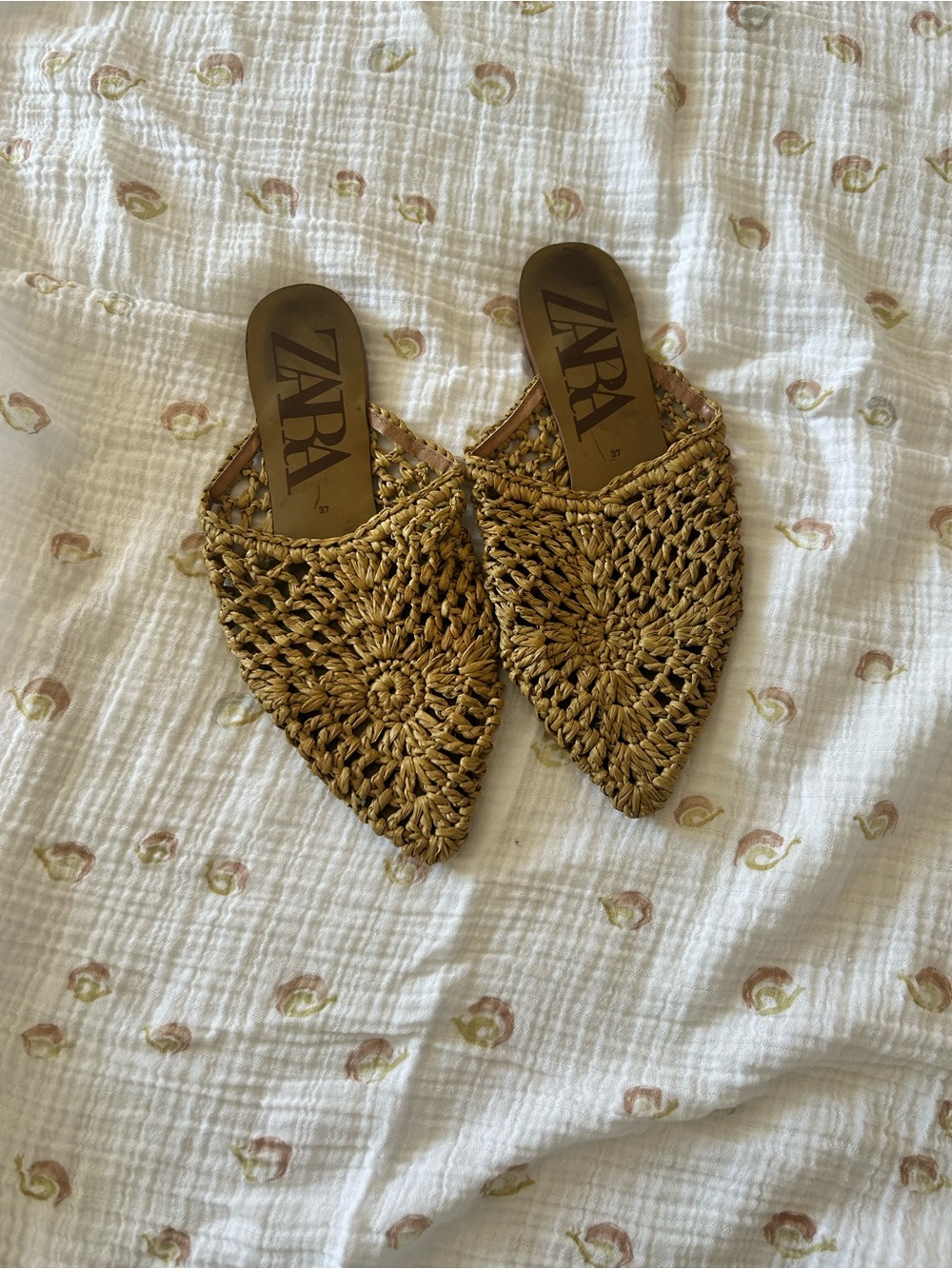 Zara Woven Pointed Raffia Slide Mules in Tan